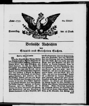 Berlinische Nachrichten von Staats- und gelehrten Sachen vom 16.10.1755