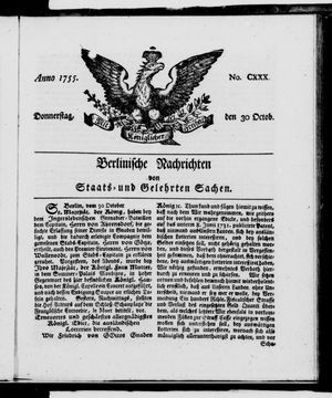 Berlinische Nachrichten von Staats- und gelehrten Sachen vom 30.10.1755