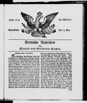 Berlinische Nachrichten von Staats- und gelehrten Sachen vom 15.11.1755