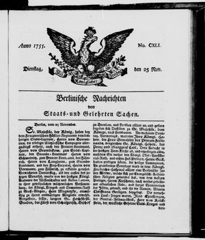 Berlinische Nachrichten von Staats- und gelehrten Sachen vom 25.11.1755