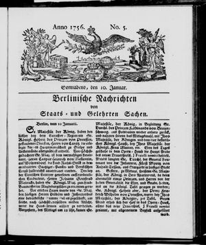 Berlinische Nachrichten von Staats- und gelehrten Sachen vom 10.01.1756