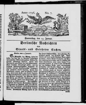 Berlinische Nachrichten von Staats- und gelehrten Sachen vom 15.01.1756