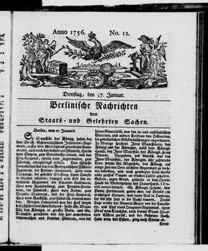 Berlinische Nachrichten von Staats- und gelehrten Sachen vom 27.01.1756