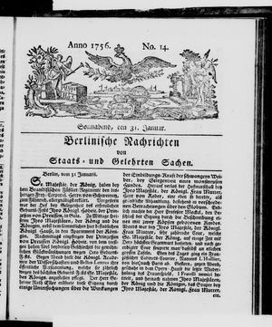 Berlinische Nachrichten von Staats- und gelehrten Sachen vom 31.01.1756