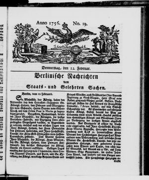 Berlinische Nachrichten von Staats- und gelehrten Sachen vom 12.02.1756