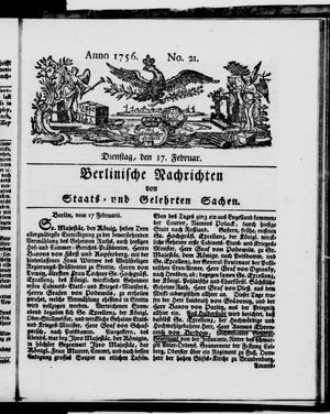 Berlinische Nachrichten von Staats- und gelehrten Sachen vom 17.02.1756
