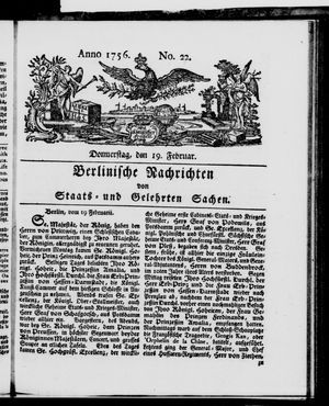 Berlinische Nachrichten von Staats- und gelehrten Sachen vom 19.02.1756