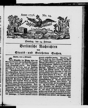 Berlinische Nachrichten von Staats- und gelehrten Sachen vom 24.02.1756
