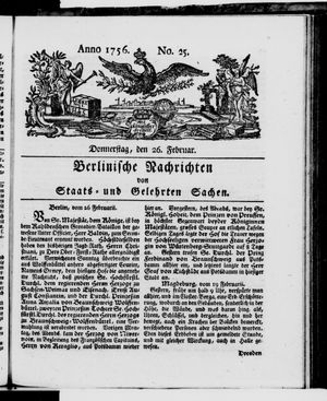 Berlinische Nachrichten von Staats- und gelehrten Sachen vom 26.02.1756