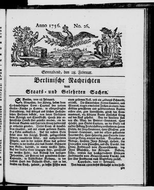 Berlinische Nachrichten von Staats- und gelehrten Sachen vom 28.02.1756