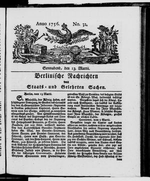 Berlinische Nachrichten von Staats- und gelehrten Sachen vom 13.03.1756