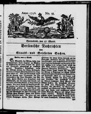 Berlinische Nachrichten von Staats- und gelehrten Sachen vom 27.03.1756