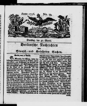 Berlinische Nachrichten von Staats- und gelehrten Sachen vom 30.03.1756