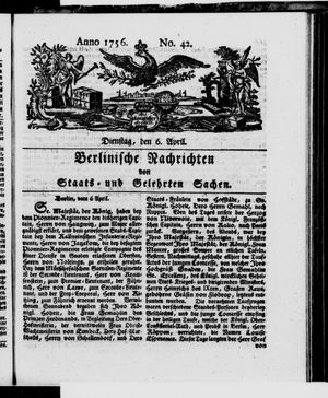 Berlinische Nachrichten von Staats- und gelehrten Sachen vom 06.04.1756