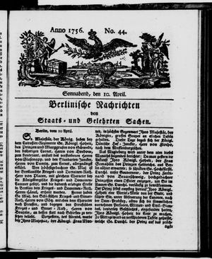 Berlinische Nachrichten von Staats- und gelehrten Sachen vom 10.04.1756