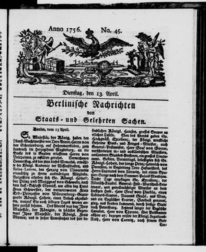 Berlinische Nachrichten von Staats- und gelehrten Sachen on Apr 13, 1756