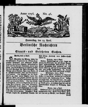 Berlinische Nachrichten von Staats- und gelehrten Sachen vom 15.04.1756