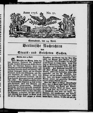 Berlinische Nachrichten von Staats- und gelehrten Sachen vom 24.04.1756
