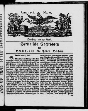 Berlinische Nachrichten von Staats- und gelehrten Sachen vom 27.04.1756