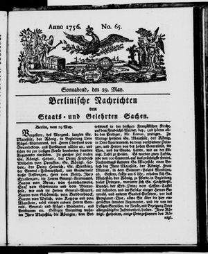 Berlinische Nachrichten von Staats- und gelehrten Sachen vom 29.05.1756
