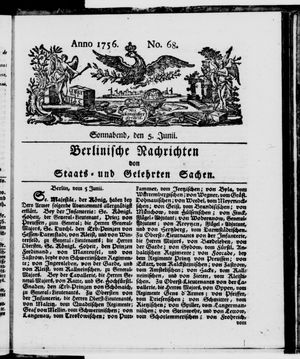 Berlinische Nachrichten von Staats- und gelehrten Sachen vom 05.06.1756