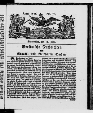 Berlinische Nachrichten von Staats- und gelehrten Sachen vom 10.06.1756