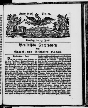 Berlinische Nachrichten von Staats- und gelehrten Sachen vom 15.06.1756