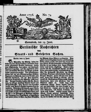Berlinische Nachrichten von Staats- und gelehrten Sachen vom 19.06.1756