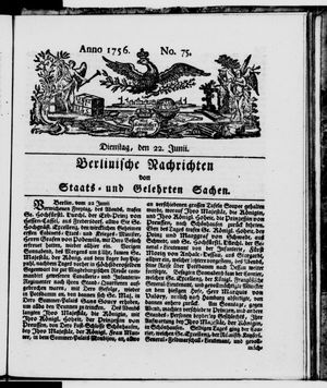 Berlinische Nachrichten von Staats- und gelehrten Sachen vom 22.06.1756