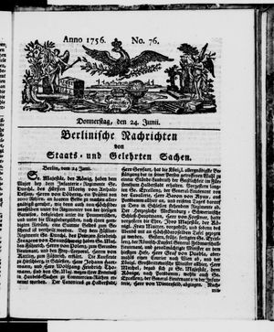 Berlinische Nachrichten von Staats- und gelehrten Sachen vom 24.06.1756