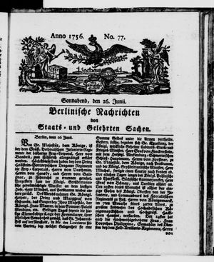 Berlinische Nachrichten von Staats- und gelehrten Sachen vom 26.06.1756