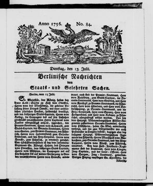 Berlinische Nachrichten von Staats- und gelehrten Sachen vom 13.07.1756