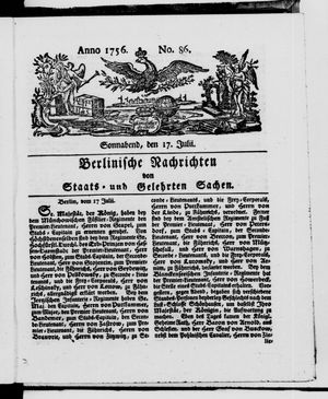 Berlinische Nachrichten von Staats- und gelehrten Sachen vom 17.07.1756