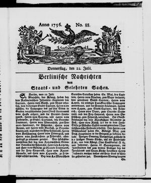 Berlinische Nachrichten von Staats- und gelehrten Sachen vom 22.07.1756