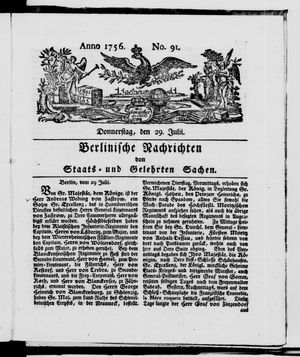 Berlinische Nachrichten von Staats- und gelehrten Sachen vom 29.07.1756