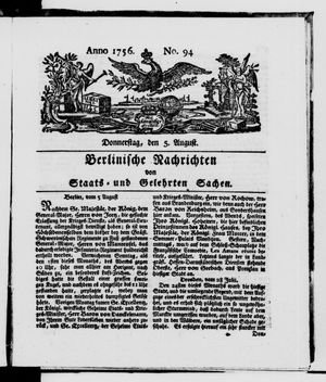 Berlinische Nachrichten von Staats- und gelehrten Sachen vom 05.08.1756