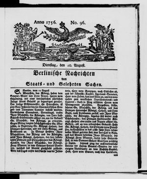 Berlinische Nachrichten von Staats- und gelehrten Sachen vom 10.08.1756