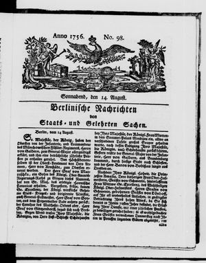 Berlinische Nachrichten von Staats- und gelehrten Sachen vom 14.08.1756