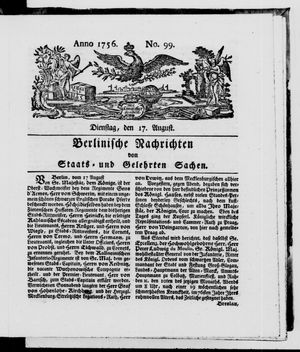 Berlinische Nachrichten von Staats- und gelehrten Sachen vom 17.08.1756