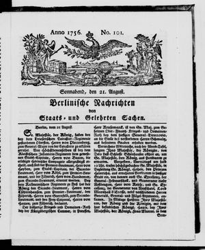 Berlinische Nachrichten von Staats- und gelehrten Sachen vom 21.08.1756