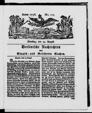 Berlinische Nachrichten von Staats- und gelehrten Sachen vom 24.08.1756