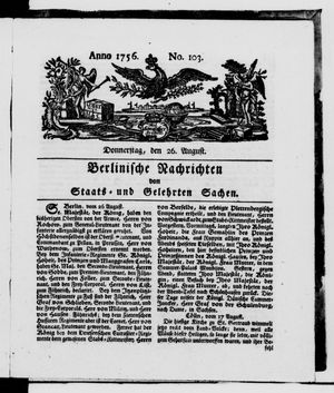 Berlinische Nachrichten von Staats- und gelehrten Sachen vom 26.08.1756