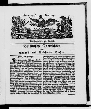 Berlinische Nachrichten von Staats- und gelehrten Sachen vom 31.08.1756