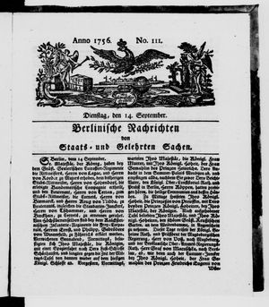 Berlinische Nachrichten von Staats- und gelehrten Sachen vom 14.09.1756