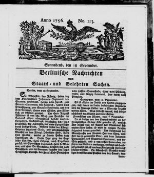 Berlinische Nachrichten von Staats- und gelehrten Sachen vom 18.09.1756