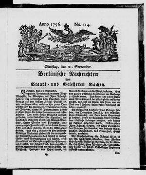 Berlinische Nachrichten von Staats- und gelehrten Sachen on Sep 21, 1756