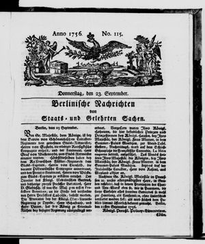 Berlinische Nachrichten von Staats- und gelehrten Sachen vom 23.09.1756