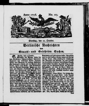 Berlinische Nachrichten von Staats- und gelehrten Sachen vom 12.10.1756