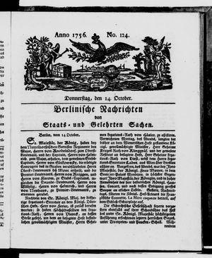 Berlinische Nachrichten von Staats- und gelehrten Sachen vom 14.10.1756