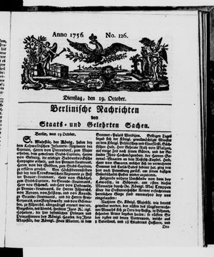 Berlinische Nachrichten von Staats- und gelehrten Sachen vom 19.10.1756
